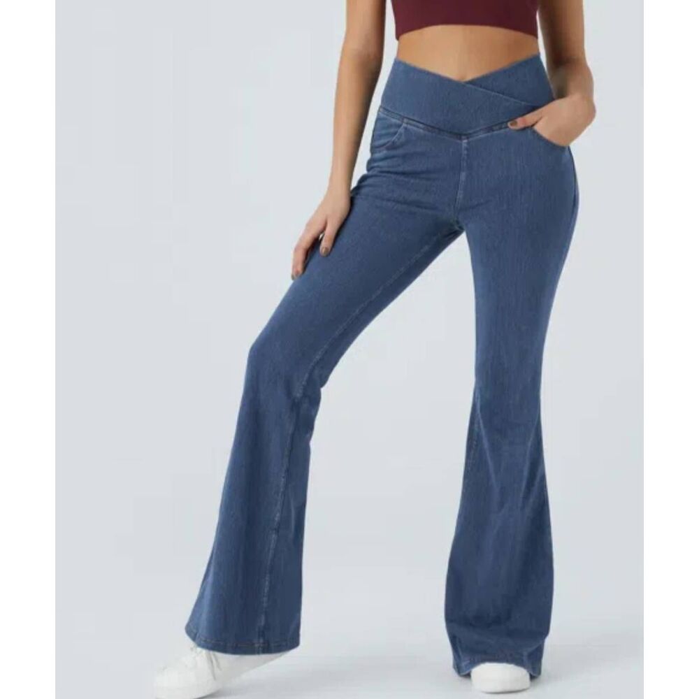 Halara Jeans Women's Large Petite Blue Crossover Flare Pull On Stretch